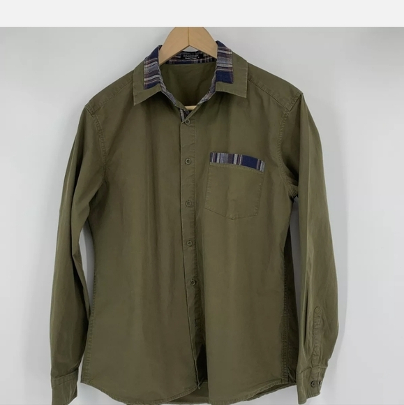 Coofandy Crisp Cotton Shirt Contrast Trim Long sleeves Olive Green size large - Picture 2 of 9